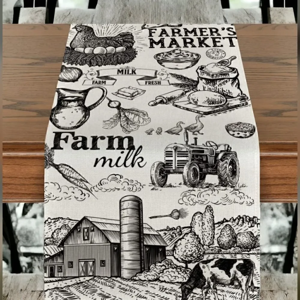 Tractor Milk Farm Table Runner, Cow House Fall Kitchen Dining Table Decoration